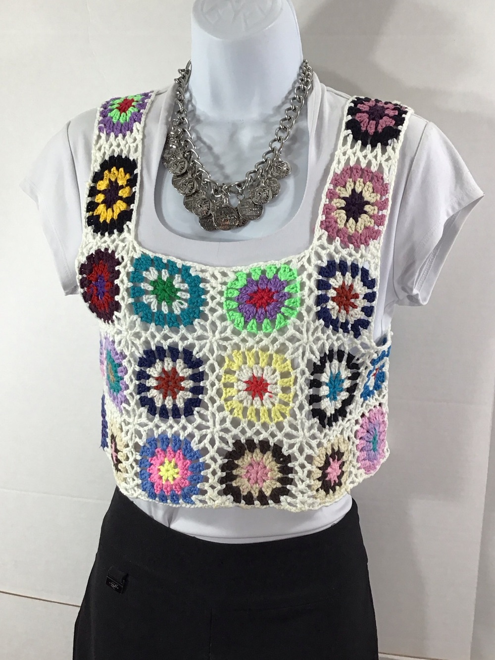 Granny square Crochet Multi-Color Square Tank Crop Top - Boho Summer Knit OS